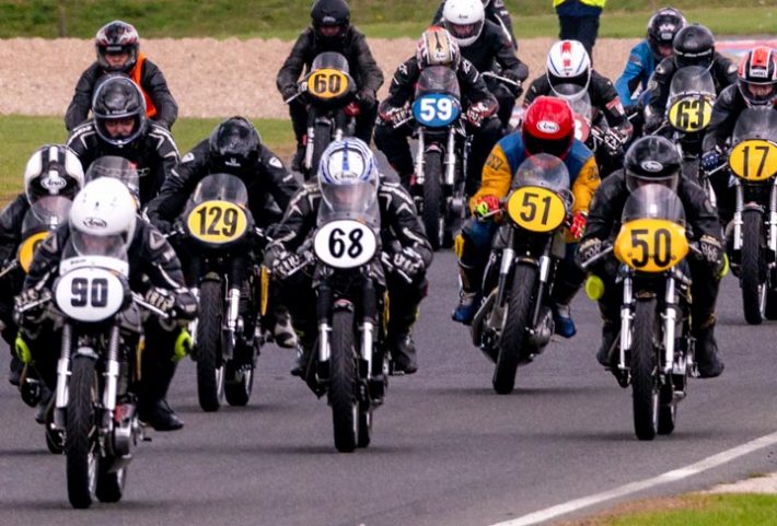 A full grid of classic race bikes at Mallory Park with the Lansdowne Classic Series